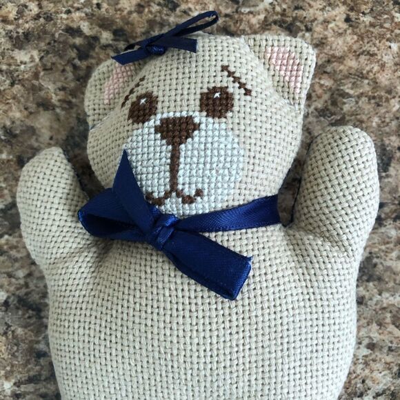 Handmade Cross Stitch Teddy Bear Stuffed Animal Blue Bow Heart Accent Decor - Picture 4 of 8